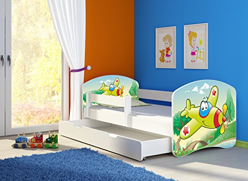 CLAMARO 'Fantasia Weiß' 180 x 80 Kinderbett Set inkl. Matratze, Lattenrost und mit Bettkasten Schublade, mit verstellbarem Rausfallschutz und Kantenschutzleisten, Design: 29 Flugzeug