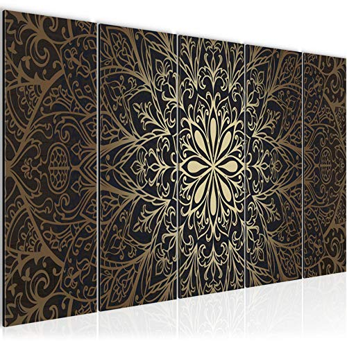 Runa Art Wandbild XXL Mandala Abstrakt Wohnzimmer Schlafzimmer 200 x 80 cm Schwarz Gold 5 Teilig - Made in Germany - 107455a