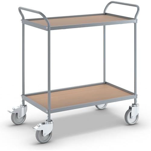 eurokraft | Servierwagen | Etagenhöhe 590 mm | 2 Etagen | mit 4 Lenkrollen | 2 mit Doppelstopp | Rad-Ø 125 mm
