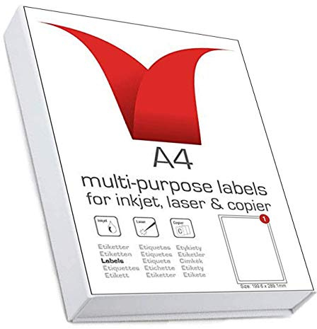 Multi-Purpose A4 White Self-Adhesive Labels - Die Cut 199.6 x 289.1mm - 1 Label per Sheet Die Cut- 100 Sheets per box/100 Labels per Pack