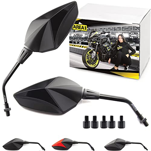 Area1 Universal Motorrad Rückspiegel Paar e-geprüft 2x M10 Rechtsgewinde + Linksgewindeadapter, passend für z.B. Duke, SMC/R Z900 Z750 Z650 Z500 Z125 ER-6N CMX 500 Rebel CB500 Hyperstrada (schwarz)