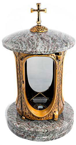Elegante lanterna funeraria Elégant con croce granito Orion chiaro, altezza 27 cm, diametro 15 cm, lampada funeraria in granito, lanterna in bronzo con base