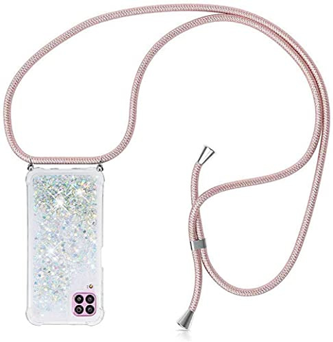 HongMan Handykette Hülle Kompatibel mit Huawei P40 Lite - Quicksand Glitzer Hülle mit Band - Silikon Handyhülle mit Kordel Umhängenband - Schnur mit Treibsand Case zum Umhängen