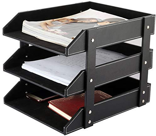 Leather Desk File Organizer, Three-Layer Stackable Tray, Used to Store documents, folders, Stationery, Magazines, Newspapers, Letters, and Other Home Sundries Desktop Organization Holder(Black)