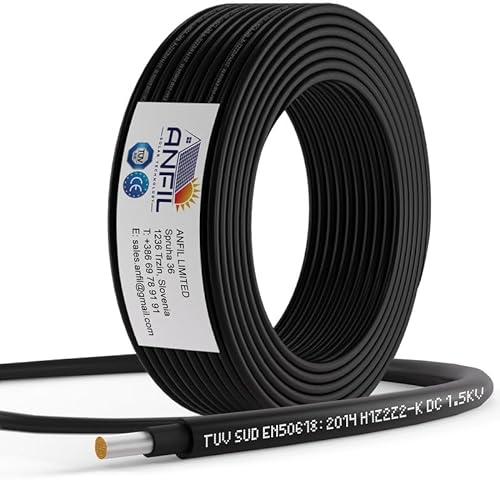 ANFIL Cavo di Prolunga per Pannelli Solari - Nero e Rosso 4 mm2 6 mm2-1800 V DC Nominale - Cavo di Qualità a Doppio Isolamento (50m, 6mm2 Nero)