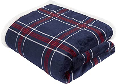 Sleepdown Luxuriöser Überwurf aus Flanell-Fleece, kariert, Marineblau, superweich, warm, gemütlich, Bettdecke, Tagesdecke mit Sherpa-Rückseite, 150 cm x 200 cm