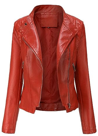 YYNUDA Chaqueta de Cuero Sintética corta para Mujer Estilo Vintage （Rojo L）