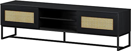 Selsey Kerals - TV-Lowboard in Schwarz/Eiche mit Rattaneinsätzen und Metallfüßen, 180 cm breit
