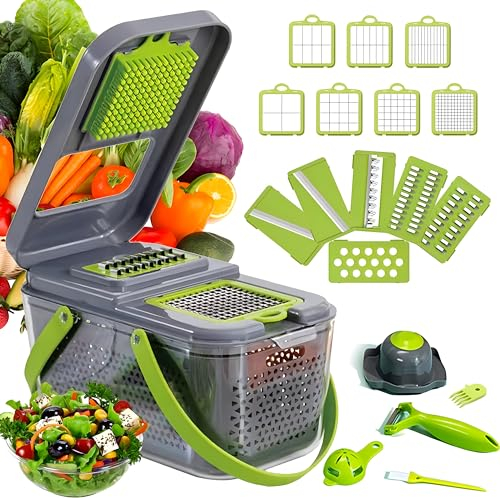 DLD Vegetable Chopper, Upgraded 22 in 1 Mandoline Vegetable Slicer Dicer with 13 Stainless Steel Blades, Adjustable Slicer, Vegetable Cutter with Drain Rack Storage Container, Kitchen Gadget