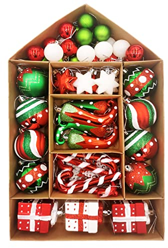 SVNVIOZ Christmas Baubles, 70Pcs 3-10cm Christmas Ball Ornaments Set, Delightful Elf Red Green and White Christmas Ball Ornaments, Shatterproof Xmas Balls for Christmas Tree Decoration
