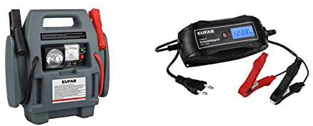 EUFAB 16643 Powerpack, Starthilfe, mit Kompressor, 7Ah & 16615 Intelligentes Batterieladegerät, 6/12 V, 4 A