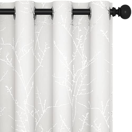 Deconovo Verdunkelung Vorhang Gardinen mit Ösen Verdunklungsvorhänge Sonnenschutz Thermovorhang fürs Kinderzimmer Abdunkelnde Vorhänge Baumzweig-Muster, 138x117 cm(HöhexBreite), Silber Grau, 2er Set