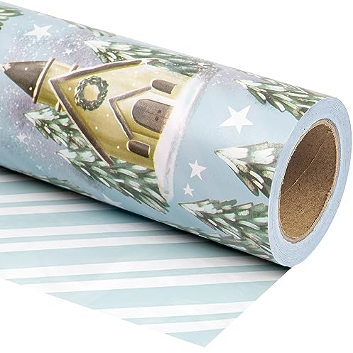 WRAPAHOLIC Carta da regalo natalizia reversibile, mini rotolo, 43 cm x 90 m, con albero di Natale bianco e argento stampato su carta perlata per Natale e vacanze
