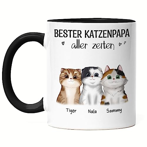 Kiddle-Design Katzenbesitzer Tasse Schwarz Personalisiert Geschenk Katzenpapa 3 Katzen Katzenliebhaber Katzenmotiv Spruch Name Katzenfreund Haustier