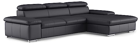 CAVADORE Leder-Ecksofa Valerie mit XL-Longchair / Eckcouch mit Kopfteilverstellung, großem Longchair + Metallfüßen / 286 x 73 x 174 / Echtleder Schwarz