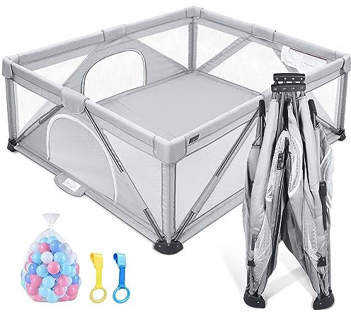 Parque de Juegos para Bebés 150 x 150 cm - Incluye Manta de Juegos + 50 Bolas + 4 agarres - Centro de Actividades para niños, Patio de juegos bebé con Bolsa Transporte (Autoplegable gris)