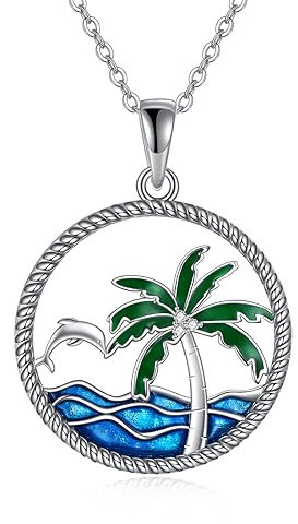 URONE Palm Tree Necklace for Women 925 Sterling Silver Ocean Dolphin Pendant Hypoallergenic Ocean Jewellery Gift for Women Girls