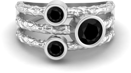 MOONEYE 0,70 Ctw-Runde Schwarzer Spinell Ring mit geteiltem Schaft, gehämmertes geteiltes Band, 925er-Sterlingsilber, Trio-Stein-Ring Sterlingsilber, 54