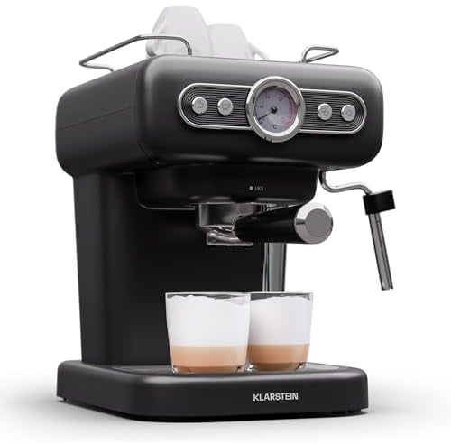 Klarstein Cafetera Espresso con Espumador de Leche, Mini Cafetera Espresso Retro de 1,2 litros con Portafiltro, Cafetera Pequeña de 950 W, Cafetera para Cappuccino, Latte & Macchiato