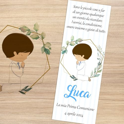 Cormar BIGLIETTINO BOMBONIERA BATTESIMO PERSONALIZZATO SEGNAPOSTO IDEA ORIGINALE RICORDO KIT DA 60 PEZZI (COMUNIONE BLU)