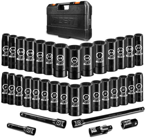 BOEN 35PCS 1/2” Drive Impact Socket Set, Deep SAE(3/8-1-1/4) & Metric(8-24mm) Socket with Extension Bars, 6 Point Cr-V Steel for Auto Repair, Double Lock Case