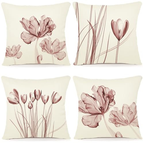 ZWJD Blumen Kissenbezug 50x50 4er Set Outdoor Kissen Dekokissen Leinen Kissenhülle Kissenbezüge Florales Aquarellgemälde Kissenhüllen für Sofa Wohnzimmer Zierkissen 50x50cm
