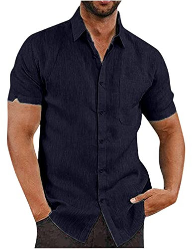 Linen Shirts Men Short Sleeve Button Down Casual Shirts Summer Hawaiian Lapel Blouses Cotton Linen Shirt Regular Fit Holiday Beach Shirt Solid Henley Shirt with Pocket UK Size 8-22 Clearance