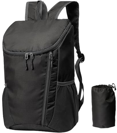 Ultraleichter Faltbarer Rucksack,Wasserdichter Wanderrucksack, Kleiner Rucksäcke für Wandern, Reisen, Radtouren und Camping (Schwarz)