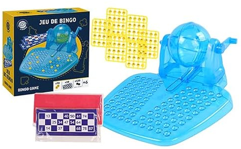 MGM GAMES - Bingo-Lotteriespiel - Blau - 140807 - Gesellschaftsspiel - Kunststoff - Familie - Ziehung - Bingo-Trommel - Karten - Nummern - 25,5 cm x 24,5 cm