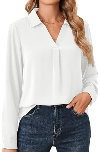 Beluring Bluse Damen Herbst Winter V-Ausschnitt Langarmshirt Elegant Plissee Longbluse Weiß M