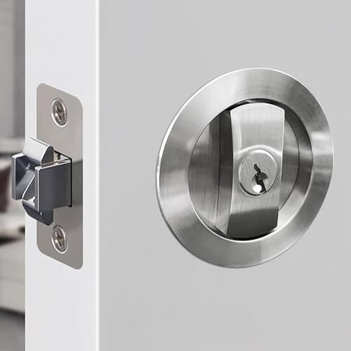 SANGRENSHEN Sliding Door Lock Pocket Door Flush Handles Latch Privacy Bed/Bath Latch for 3cm to 5cm Thickness Door 3 Keys Silver