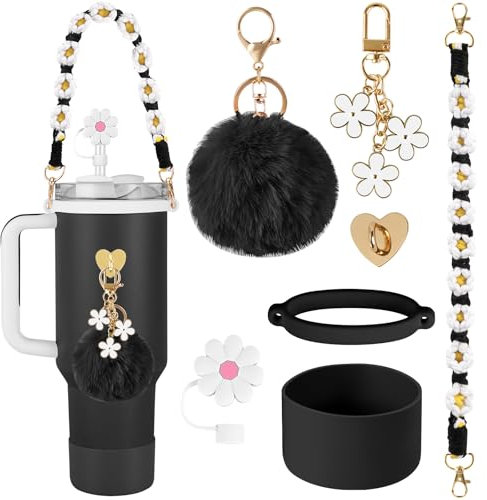 AUAUY 7 PCS Accessories Set for Stanley Cup, Water Bottle Decor Compatible with Stanley Cup, Includes Silicone Boot, Boho Woven Handle Strap, Straw Cover, Charms for Stanley Cup 30/40oz Tumbler(Black)