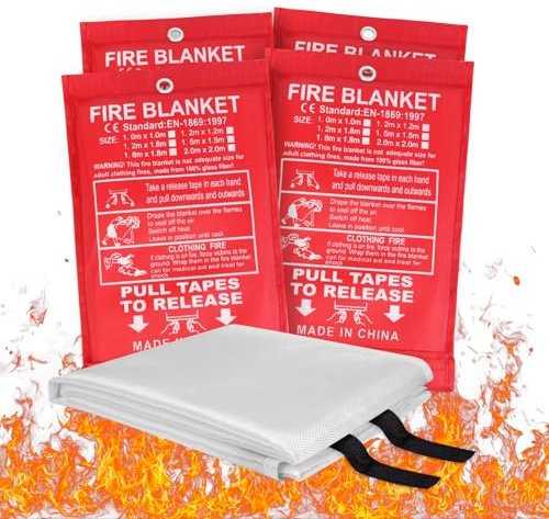 Flintronic Löschdecke Küche, 4 Stück Küche Feuerlöschdecke, Glasfaser Brandschutzdecke DIN EN 1869:2019, Premium Löschdecke, Retardant Decken für Fettbrände Auto Schule Kamin Büro Schweißen 1m x 1m
