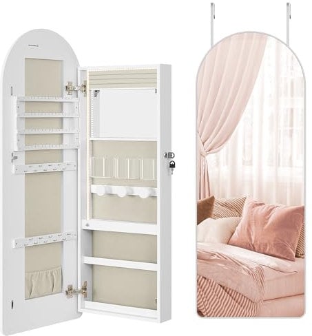 SONGMICS Schmuckschrank, Spiegelschrank, Schmuck-Organizer mit LED-Beleuchtung, abschließbar, abgerundete Ecken, mit Innenspiegel, 10 x 42 x 108 cm, wolkenweiß JJC020W01