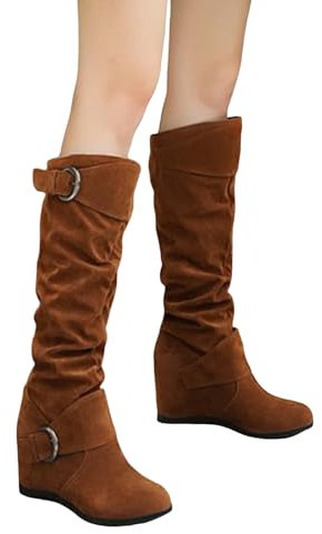 Stivali Gamba Larga,Stivali Donna Alti Camoscio Stivali Interna Alti al Ginocchio Largo Scamosciati con Tacco Zeppa Stivaletti Caldi Vintage Casual
