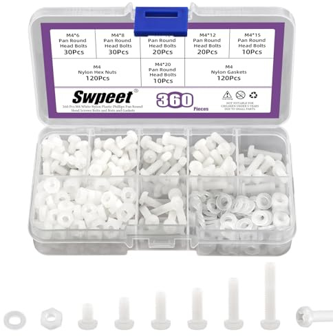 Swpeet 360pcs 6 Größen M4 weiße Nylon Pan Rundkopfschrauben mit Hex-Muttern und Dichtungen Sortiment-Kit, Nylon Phillips Cross Pan Rundkopfschraube, Plastik Maschinenschrauben, Länge 6/8/10/12/15/20mm