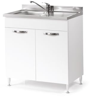 Linea Azzurra Sottolavello 80 Solo Mobile Cucina con 2 Ante in Legno Made in Italy H85xL80xP50cm Facile da Montare (Vasca a Sinistra, Bianco Frassinato)