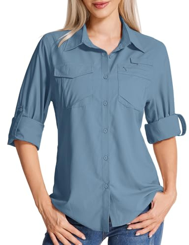 Yenwits Hemdbluse Damen UPF 50 UV Schutz Langarmshirt Atmungsaktiv Quick Dry Safari Kleidung Outdoor Wanderhemd Casual Tops für Reisen Sport Angeln Golf(5081,Ocean Blue,L)