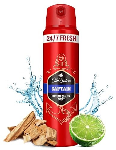 Old Spice Captain Desodorante en spray para hombre, 150 ml, 24/7 Frischhh para uso diario, fragancia de larga duración en calidad de perfume, protección contra olores, sin sales de aluminio, invisible
