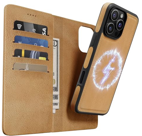 OASISBLUE iPhone 16 Pro Max Hülle,[2 in 1 Magnetisch Abnehmbar] Kabelloses Laden Kompatibel Stoßfest Schutzhülle Lederhülle Klapphülle Handyhülle für iPhone 16 Pro Max - braun