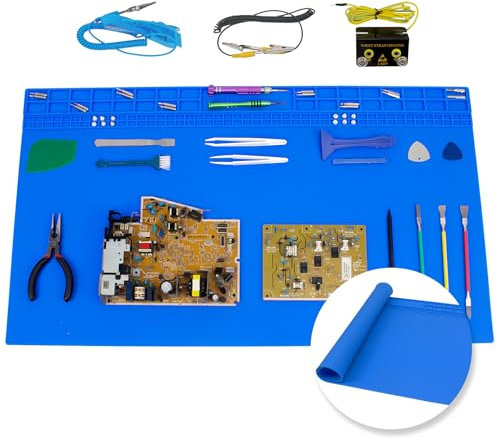 Esoldnic Extra Large Soldering Mat with Wrist Strap, 27.6'' x 15.7'' Large Silicone Solder Mat, 932°F Heat Resistant Repair Work Mat for Electronics, Phone, Laptop Repair (Blue)