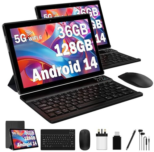 FLYCOAY Tablet 10 Inch Android 14, 5G WIFI 6, 36GB RAM+128GB ROM (TF 1TB), Widevine L1, 8000mAh, Dual Camera, BT5.0,Type C, Tablet with Keyboard, Mouse, Case, Pen-Black
