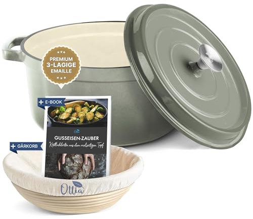 Ottia Gusseisen Topf brot backen [inkl. Gärkorb] - Emaille Topf 26cm - Dutch Oven, Brotbackform, Brotbacktopf, Schmortopf Bräter mit Deckel, Bratentopf - auch für Induktion | Händler aus Hamburg