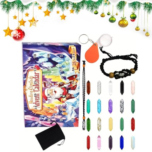 Naturstein-Adventskalender,-Adventskalender, 2024 Strumpffüller-Sammelsteine , Weihnachtsstrumpf-Sammelsteine, Weihnachts-Fantasiekristalle mit Lupe, Aufbewahrungstasche