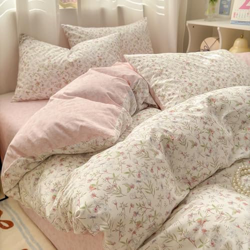 Covebett Housse de Couette Coton 220x240 Rose et Blanc Fleurie Floral Feuilles Parure de Lit 3 Pièces Adulte 2 Personnes Doux Coton Linge de lit avec Fermeture Éclair et 2 Taie d'oreiller 65x65cm