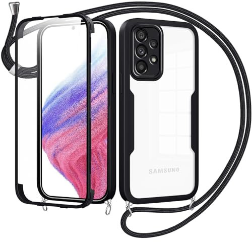 Woijrly Collier Coque pour Samsung Galaxy A53 5G avec Protecteur D'écran Intégrée,360 Degrés Transparent Réglable Étui Cordon Housse Antichoc Anti-Rayures Tactile Deux Couches Protection Etui-Noir