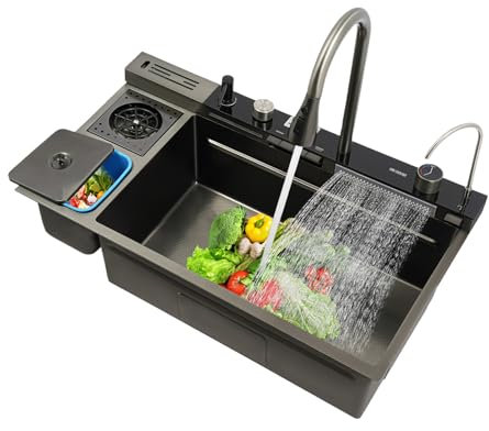 82 x 48 cm, juego de fregadero de cocina con cubo de basura pequeño y lavaplatos, 2 modos, fregadero de cocina digital de acero inoxidable con grifos extensibles, Smart cascada, fregadero de bar