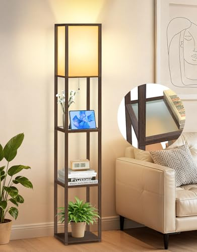 OUTON Stehlampe mit Glasablagen, 3000K-6000K Einstellbare Farbtemperaturen, LED Moderne Säulenstehlampe, Holz Eck-Display Stehleuchte für Wohnzimmer, Schlafzimmer, Büro, Braun