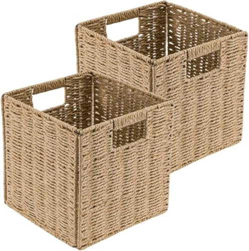 Storage Basket 25x25x25cm – Wicker Style Woven Cube Organiser with Handles, Durable Eco-Friendly Decorative Storage Box for Bathroom, Bedroom, Living Room, Toy Storage, Laundry & Home Organisation,2pc