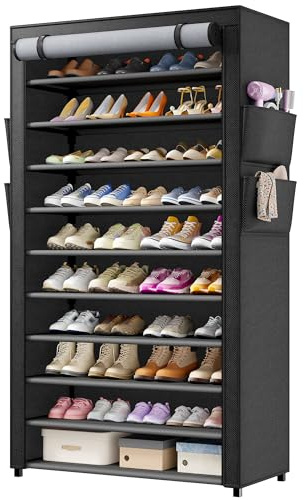 Schuhregal 11 Ebenen, 30cm Tiefe Schuhschrank bis EU 47 für 50 Paare Schuhe | Schuhschrank Hoch mit Sichtbarer Staubdichter Überzug,Stabiler Schuhschrank Schmal, Ideal für Flur, Wohnzimmer, Schwarz